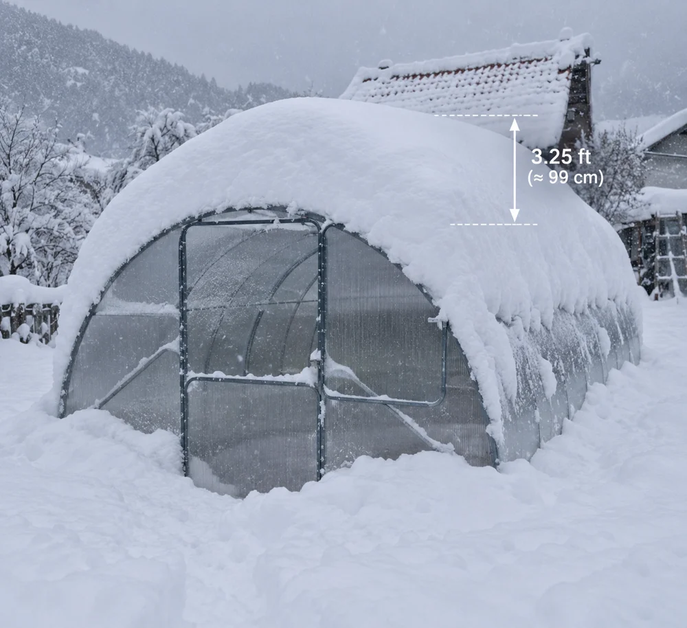 Greenhouse under snow, with a supplied illustration marking a depth of 3.25 feet