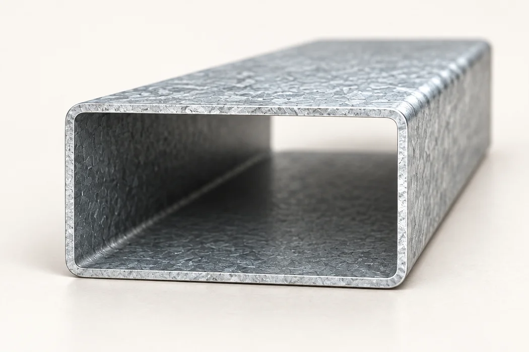 Close-up of a galvanized rectangular steel tube with a fully enclosed cross-section.