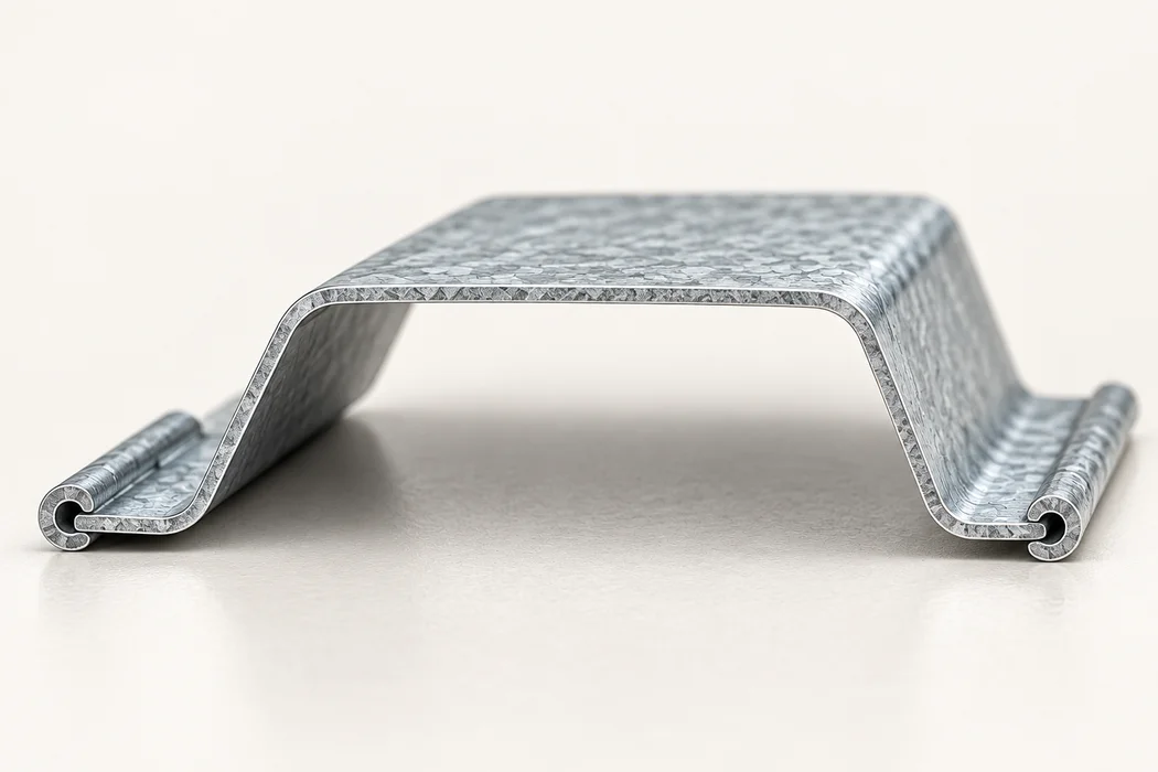 Galvanized steel formed into an open profile, shown in close-up.